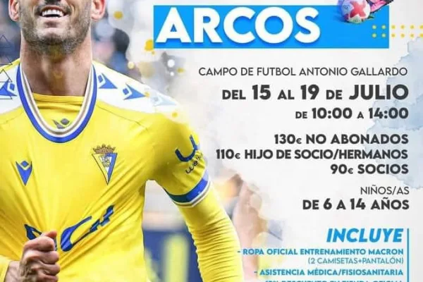 "Campus de Verano 2024 Cádiz CF. ARCOS. Campo de Futbol Antonio Gallardo del 15 al 19 de julio de 10:00 a 14:00 horas. 130€ no abonados 110€ hijo de socio/hermanos. 90€ socios. Niños y niñas de 6 a 14 años. Incluye ropa oficial entrenamiento MACRON (2 camisetas+ pantalón). Asistencia médica/fisiosanitaria. 15% descuento en tienda oficial. Diploma y foto campus. Frutas y bebidas. Seguro
