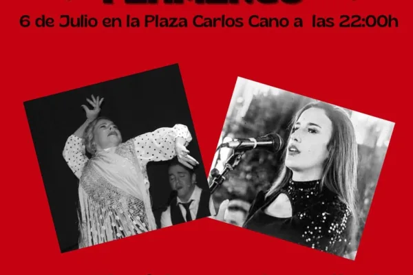 Cartel rojo con el texto "Barbate Flamenco" en la parte superior, en letras negras. El evento se celebrará el 6 de julio en la Plaza Carlos Cano a las 22:00 horas. Debajo de este texto, hay dos fotos en blanco y negro: a la izquierda, una mujer bailando flamenco con un vestido de lunares, y a la derecha, una mujer cantando al micrófono. En la parte inferior, el texto "Ana Florido y Nela Callado" en letras negras. Al pie del cartel, aparecen los logos de los organizadores: el Ayuntamiento de Barbate, Cultura Barbate, Museo del Atún de Barbate, y Barbate Municipio Turístico.