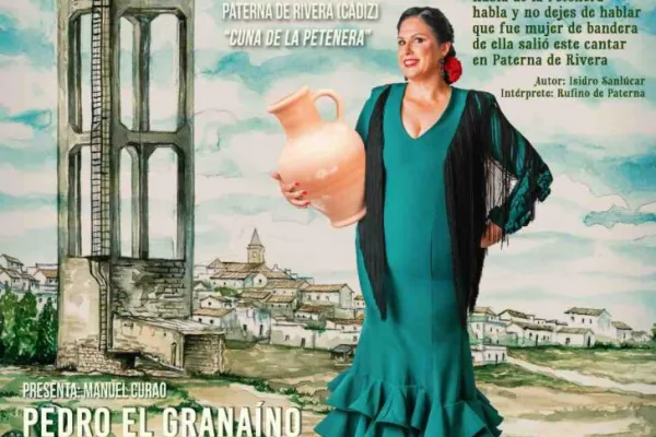 La imagen es un cartel promocional del XLVIII Concurso Internacional de Cante por Peteneras que se celebrará en Paterna de Rivera (Cádiz) el sábado 27 de julio de 2024 a las 22:00 horas. En el cartel se destacan las actuaciones de Pedro el Granaíno, Rocío Luna y El Veneno (premio Dolores la Petenera), y será presentado por Manuel Curao. También se menciona la importancia de Paterna de Rivera como "Cuna de la Petenera" y se incluye un fragmento de un poema de Isidro Sanlúcar interpretado por Rufino de Paterna. El cartel incluye ilustraciones que representan la localidad y una imagen de una mujer vestida de flamenca, resaltando la esencia del cante y la tradición de la petenera.