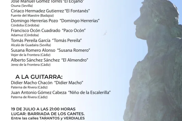La imagen muestra un cartel promocional para la fase semifinal del XLVIII Concurso Internacional de Cante por Peteneras 2024. El fondo del cartel tiene un degradado de azul oscuro a azul claro y muestra una silueta de una estatua de perfil en el lado derecho. En la parte superior, el título del evento está en letras grandes y blancas: "FASE SEMIFINAL XLVIII CONCURSO INTERNACIONAL DE CANTE POR PETENERAS 2024". ### Participantes al Cante - **Manuel Cordero Campos "Manuel Cordero"** - Las Cabezas de San Juan (Sevilla) - **José Manuel Gómez Torres "El Ecijano"** - Osuna (Sevilla) - **Ciriaco Hermadez Gutierrez "El Fontanés"** - Fuente del Maestre (Badajoz) - **Domingo Herrerías Pozo "Domingo Herrerías"** - Córdoba (Córdoba) - **Francisco Ocón Cuadrado "Paco Ocón"** - Adamuz (Córdoba) - **Tomás Pereila García "Tomás Pereila"** - Alcalá de Guadaíra (Sevilla) - **Susana Romero Alonso "Susana Romero"** - Vejer de la Frontera (Cádiz) - **Alberto Sánchez Sánchez "El Almendro"** - Jerez de la Frontera (Cádiz) ### Guitarristas - **Didier Macho Chacón "Didier Macho"** - Paterna de Rivera (Cádiz) - **Juan Antonio Gómez Cabeza "Niño de la Escalerilla"** - Paterna de Rivera (Cádiz) ### Información del Evento - **Fecha y Hora:** 19 de julio a las 21:00 horas - **Lugar:** Barriada de Los Cantes, entre las calles Tarantos y Verdiales, Avda. Andalucía, s/n (Aparcamiento Venta el Cantarero), en Paterna de Rivera, Cádiz. El cartel está organizado por el Ayuntamiento de Paterna de Rivera, específicamente por su Delegación de Cultura, cuyo escudo y logotipo aparecen en la parte inferior del cartel, junto a una ilustración estilizada de una figura flamenca.