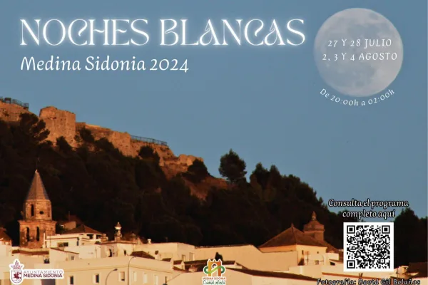 La imagen promociona las "Noches Blancas" de Medina Sidonia 2024, un evento nocturno especial que promete magia y encanto bajo la luna. El cartel presenta una vista panorámica de Medina Sidonia al anochecer, con el castillo en lo alto de una colina y las casas blancas del pueblo destacando en el primer plano. En el cielo azul oscuro se puede ver una luna llena que añade un toque de misterio y belleza a la escena. ### Detalles del evento: - **Fechas:** - 27 y 28 de julio - 2, 3 y 4 de agosto - **Horario:** - De 20:00h a 02:00h El cartel también incluye un código QR que invita a los interesados a consultar el programa completo del evento para conocer todas las actividades y sorpresas que se llevarán a cabo durante estas noches mágicas. En la esquina inferior izquierda, se encuentra el logotipo del Ayuntamiento de Medina Sidonia, destacando su organización y apoyo al evento. En la parte inferior central, aparece el logotipo de "Medina Sidonia Ciudad Amable". La fotografía es de David Gil Bolaños, cuya autoría se menciona en la esquina inferior derecha, agregando un toque personal y profesional al cartel. Estas "Noches Blancas" prometen ser una experiencia única, llena de cultura, entretenimiento y la oportunidad de disfrutar del encanto nocturno de Medina Sidonia. ¡No te lo pierdas!