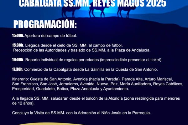 Celebra el Día de Reyes 2025 en San José del Valle con una cabalgata mágica, reparto de regalos y la visita de Sus Majestades. Un día lleno de ilusión
