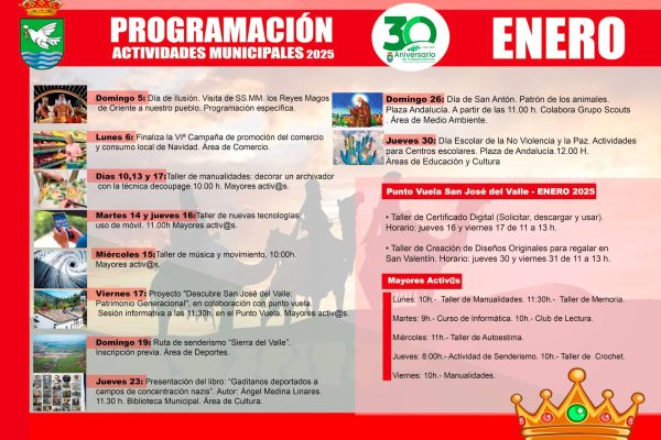 programación de actividades municipales en San José del Valle para enero 2025. Talleres, eventos culturales, rutas de senderismo y más para celebrar el 30º aniversario
