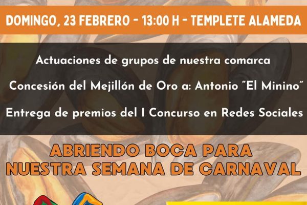 Mejilloná Popular el 23 de febrero. Música, Carnaval y mejillones gratis en la Alameda Alfonso XI. ¡No te lo pierdas!