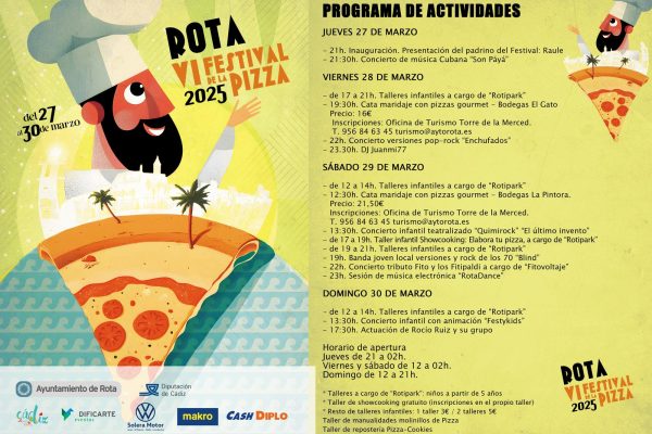 ¡Llega el VI Festival de la Pizza a Rota del 27 al 30 de marzo! Disfruta de talleres, showcookings, catas maridaje y música en vivo. ¡No te lo pierdas!