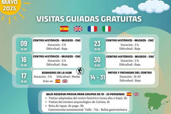 Descubre las rutas guiadas gratuitas de San Roque para mayo y junio 2025. Historia, arte, búnkeres, patios y tapas en visitas en español e inglés. Reserva ya.