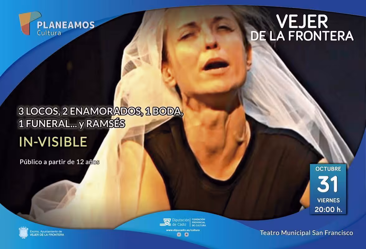 Disfruta en el Teatro Municipal San Francisco de Vejer de la Frontera de la comedia “3 Locos, 2 Enamorados, 1 Boda, 1 Funeral… y Ramsés”, el viernes 31 de octubre a las 20:00 h, con entrada libre hasta completar aforo.