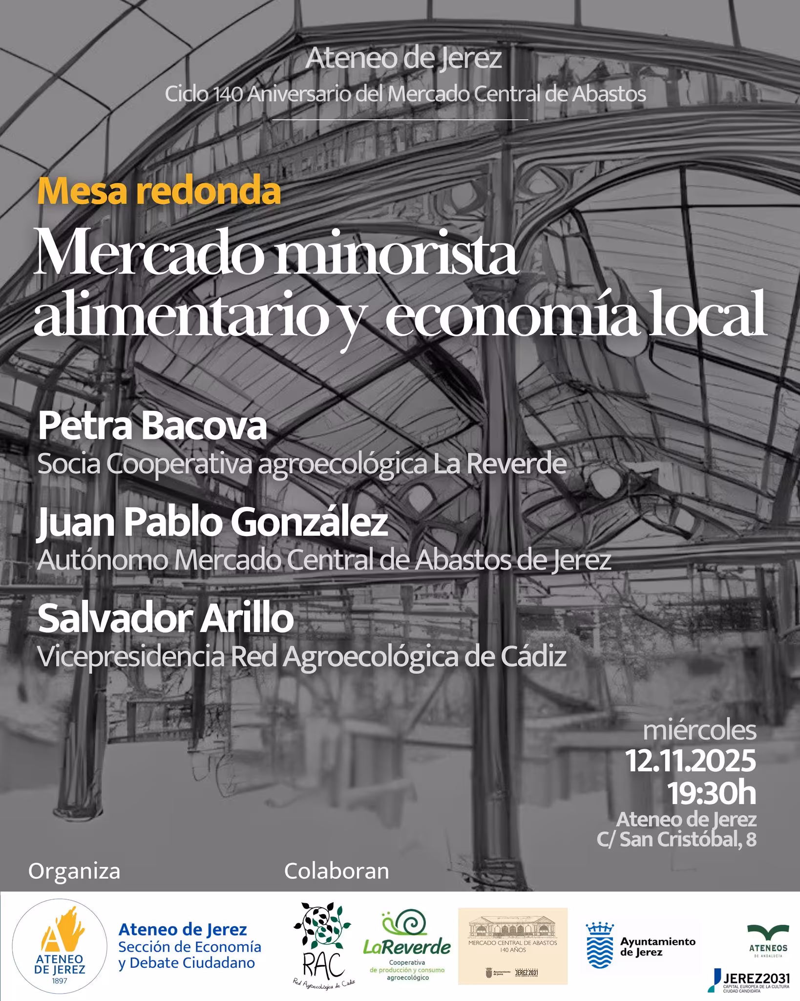 El 12 de noviembre, el Ateneo de Jerez acoge la mesa redonda “Mercado minorista alimentario y economía local”, con entrada libre y participación de productores y comerciantes.