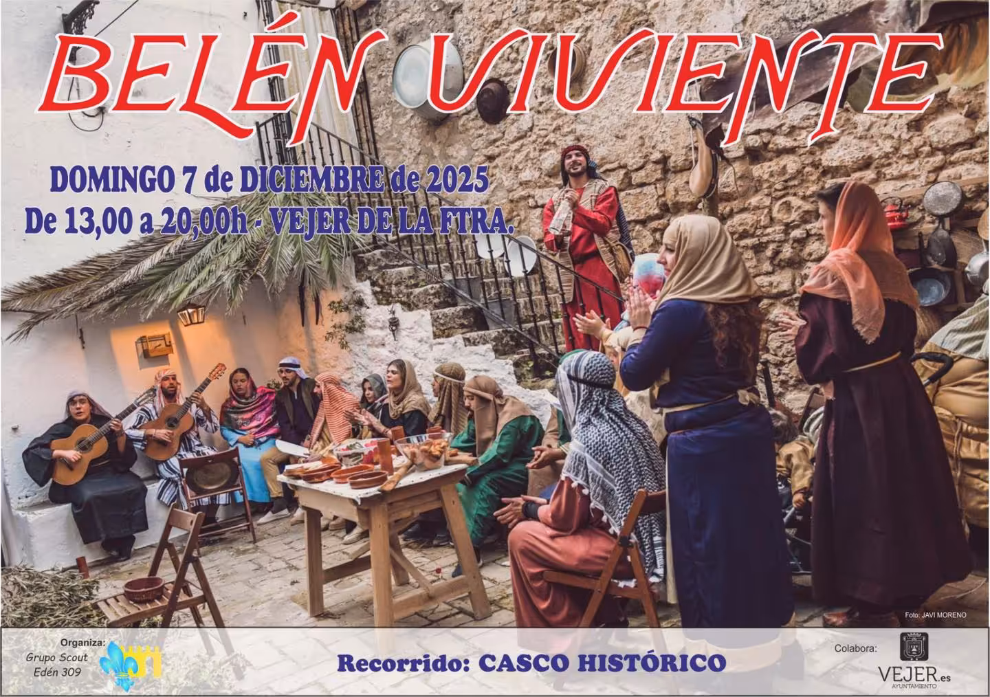 Belén Viviente del Grupo Scout Edén 309 en Vejer el 7 de diciembre: más de 35 escenas, 200 participantes y novedades en el recorrido por el casco histórico.