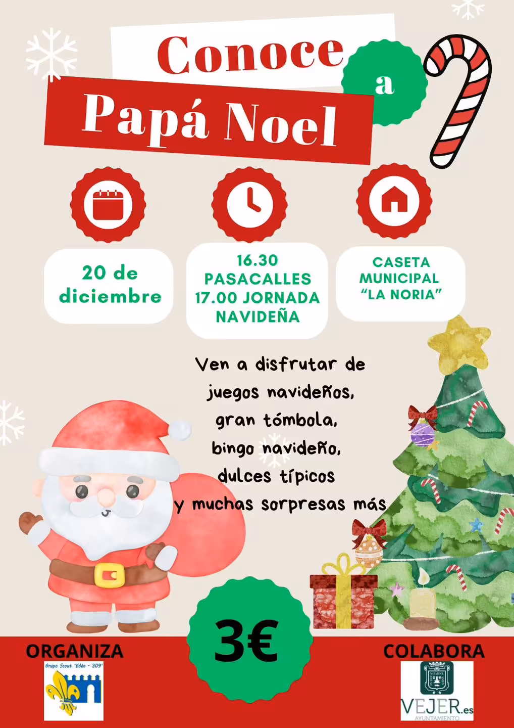 Fiesta de Papá Noel en Vejer el 20 de diciembre: pasacalles desde La Plazuela y actividades familiares en la Caseta Municipal La Noria con el Grupo Scout Edén 309.