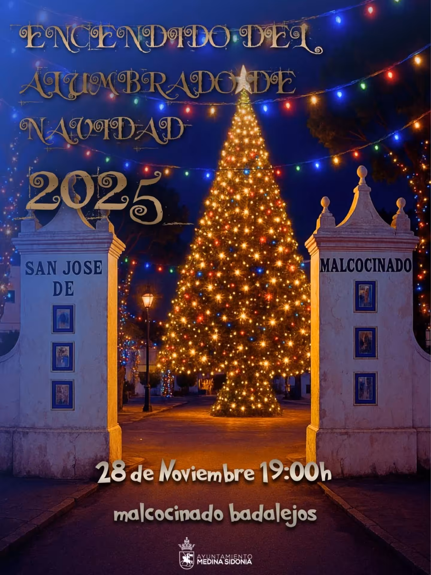 Encendido del alumbrado navideño en San José de Malcocinado y Badalejos el 28 de noviembre a las 19:00, con ambiente festivo y zambomba para disfrutar en familia.