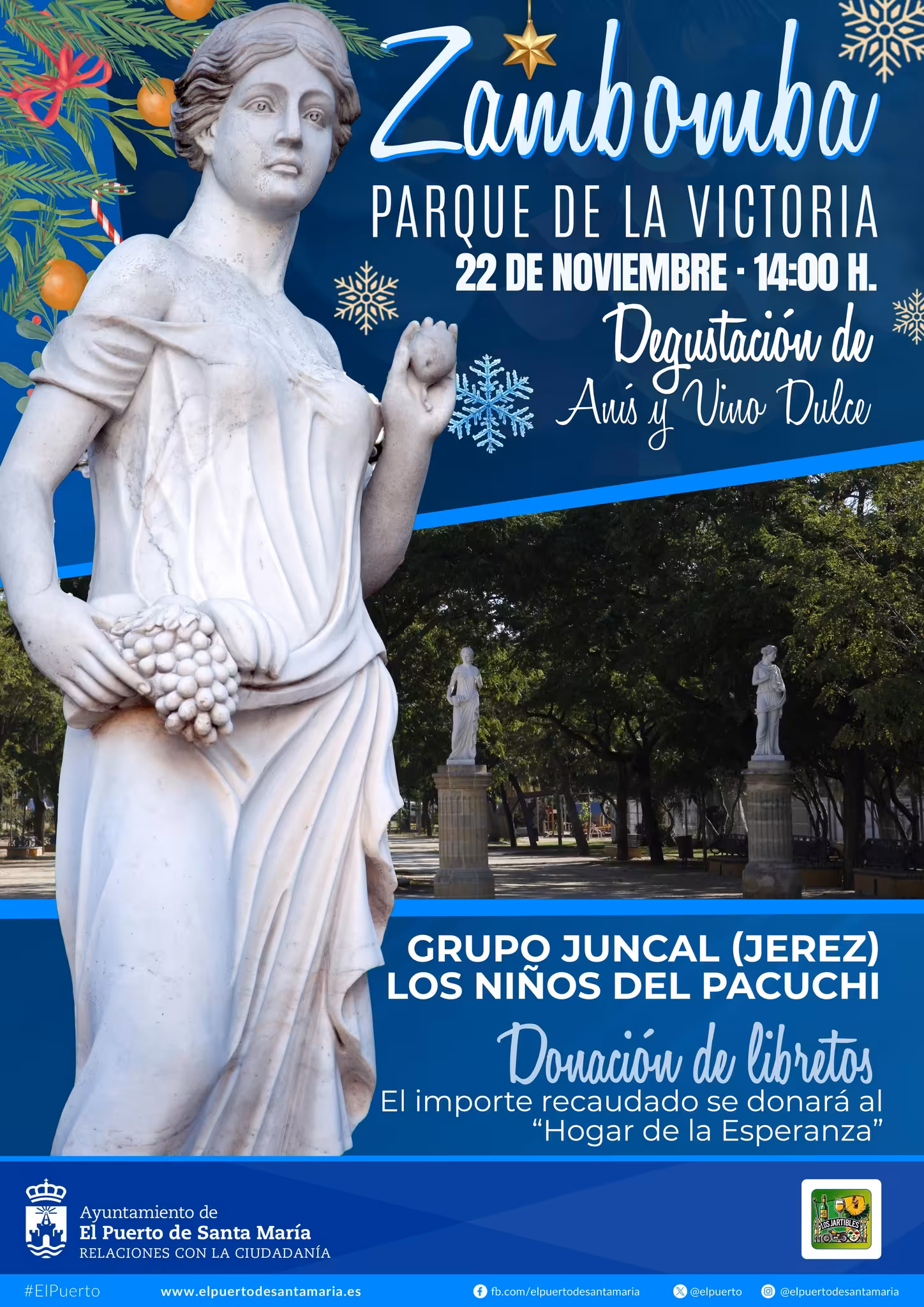 El 22 de noviembre, El Puerto de Santa María celebra una zambomba solidaria en el Parque de la Victoria con villancicos, berza y ambiente navideño. Entrada libre desde las 14:00 horas.