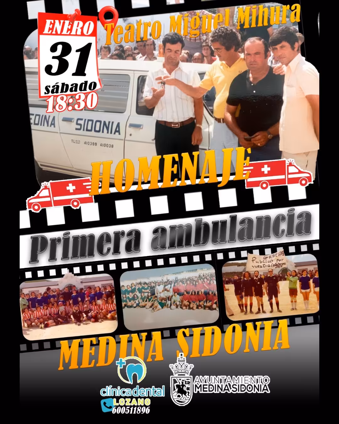 Medina Sidonia rinde homenaje el 31 de enero a la llegada de su primera ambulancia en el Teatro Miguel Mihura Álvarez, recordando el histórico evento solidario de 1977.