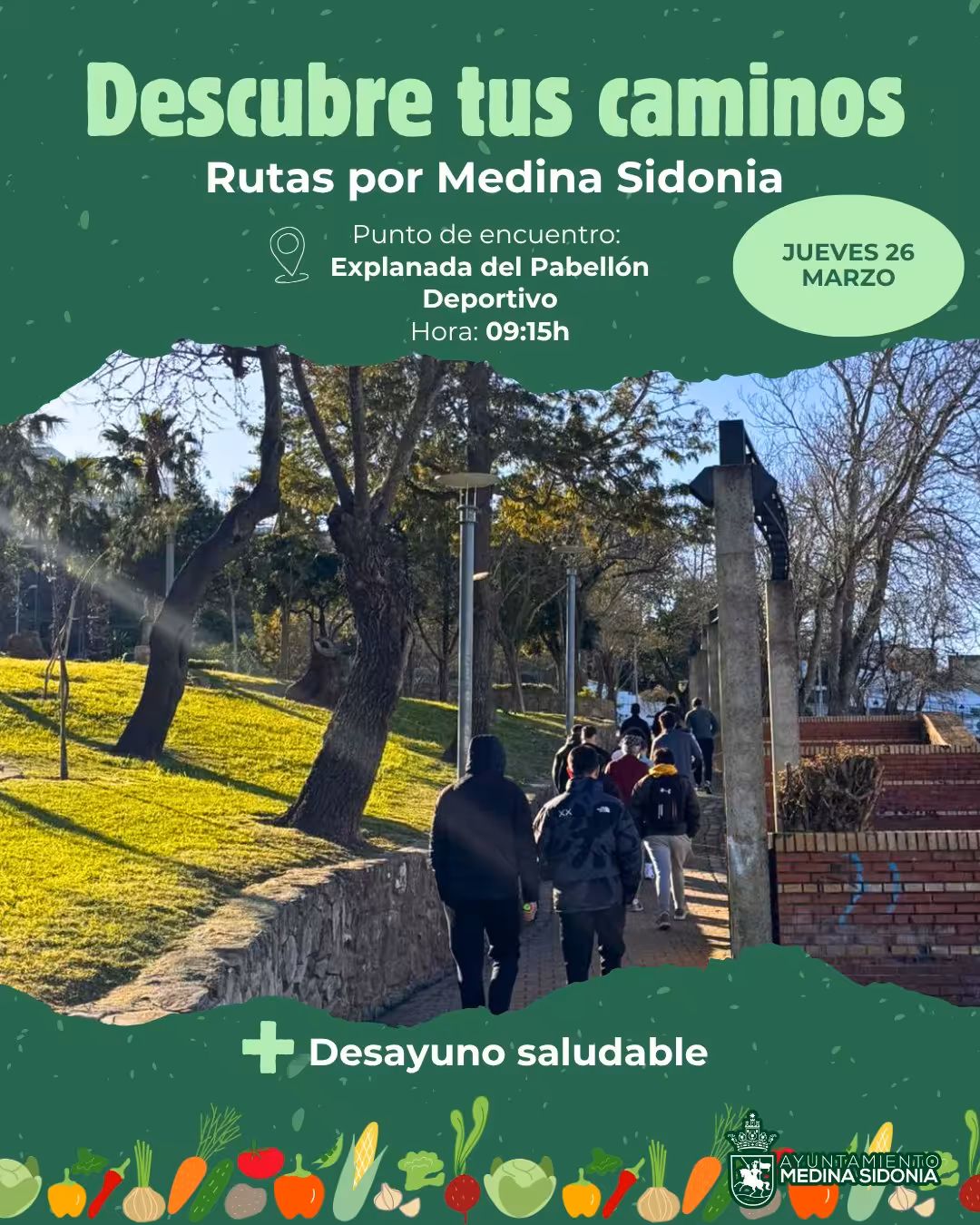 Ruta saludable en Medina Sidonia el 26 de marzo con salida a las 09:15 desde el Pabellón y desayuno en el parque García Caparrós.