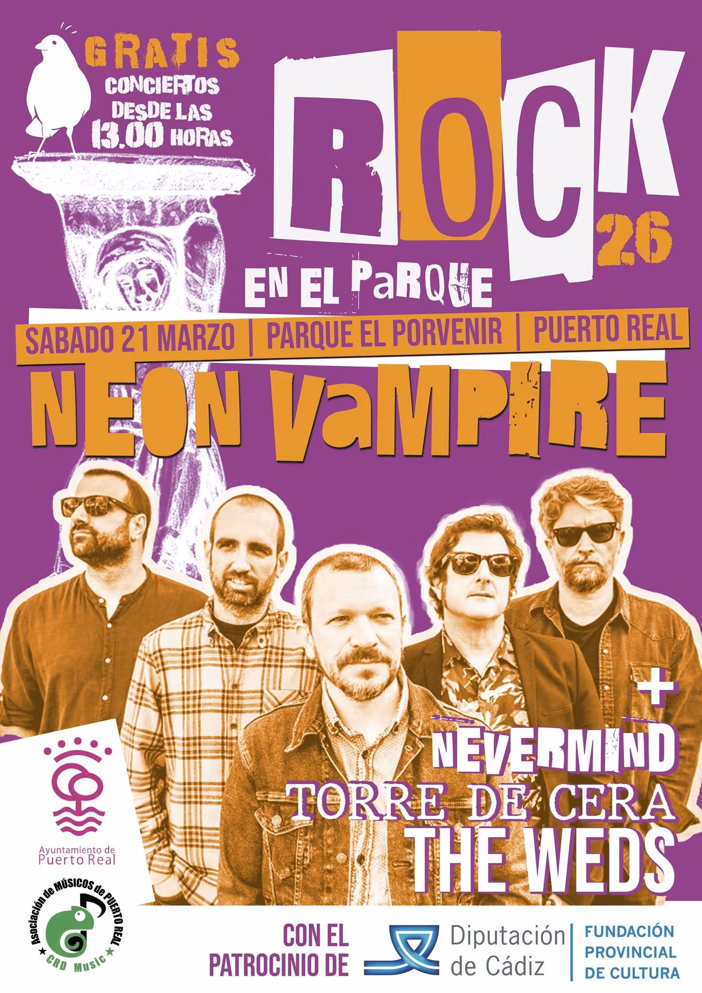 Puerto Real celebra el 21 de marzo Rock en el Parque en El Porvenir con bandas de Puerto Real, Jerez y San Fernando. Conciertos desde las 15:00 horas y ambiente musical desde las 13:00.