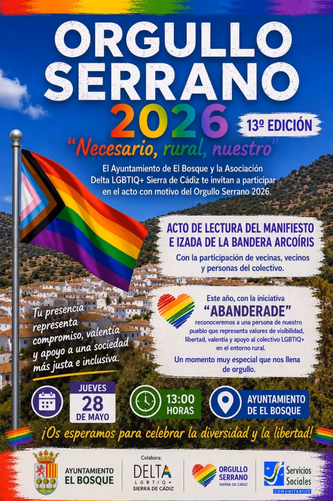 Acto del Orgullo Serrano 2026 en El Bosque con manifiesto e izada de bandera en el Ayuntamiento.