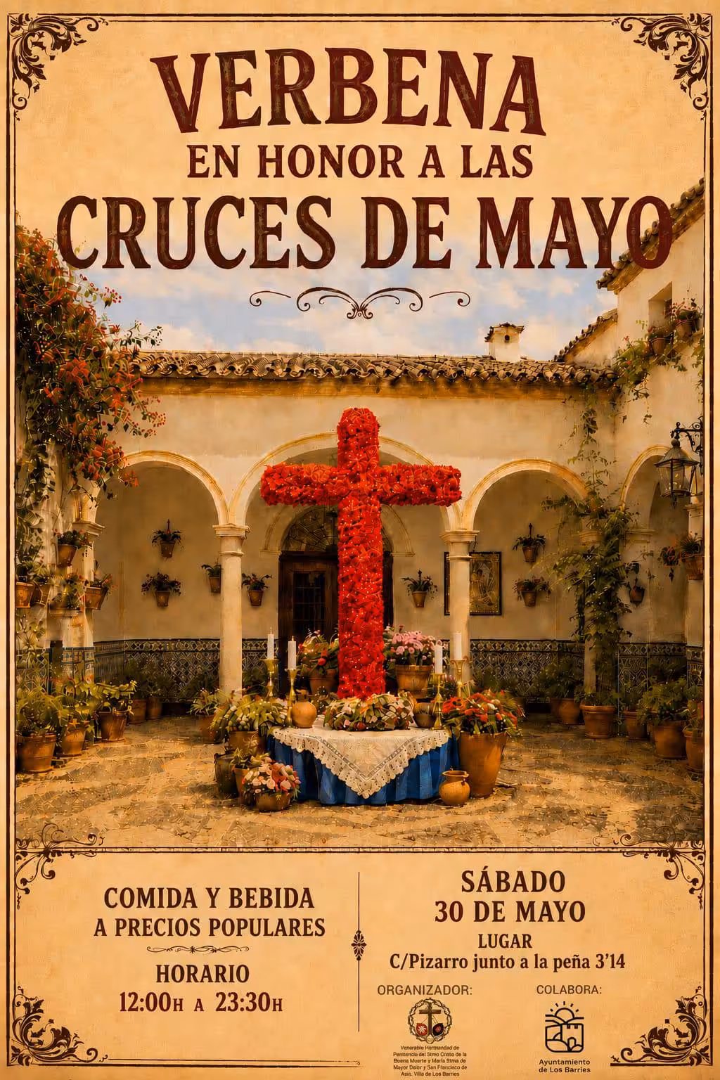Verbena de las Cruces de Mayo en Los Barrios el 30 de mayo, con barra popular y ambiente festivo en la calle Pizarro.