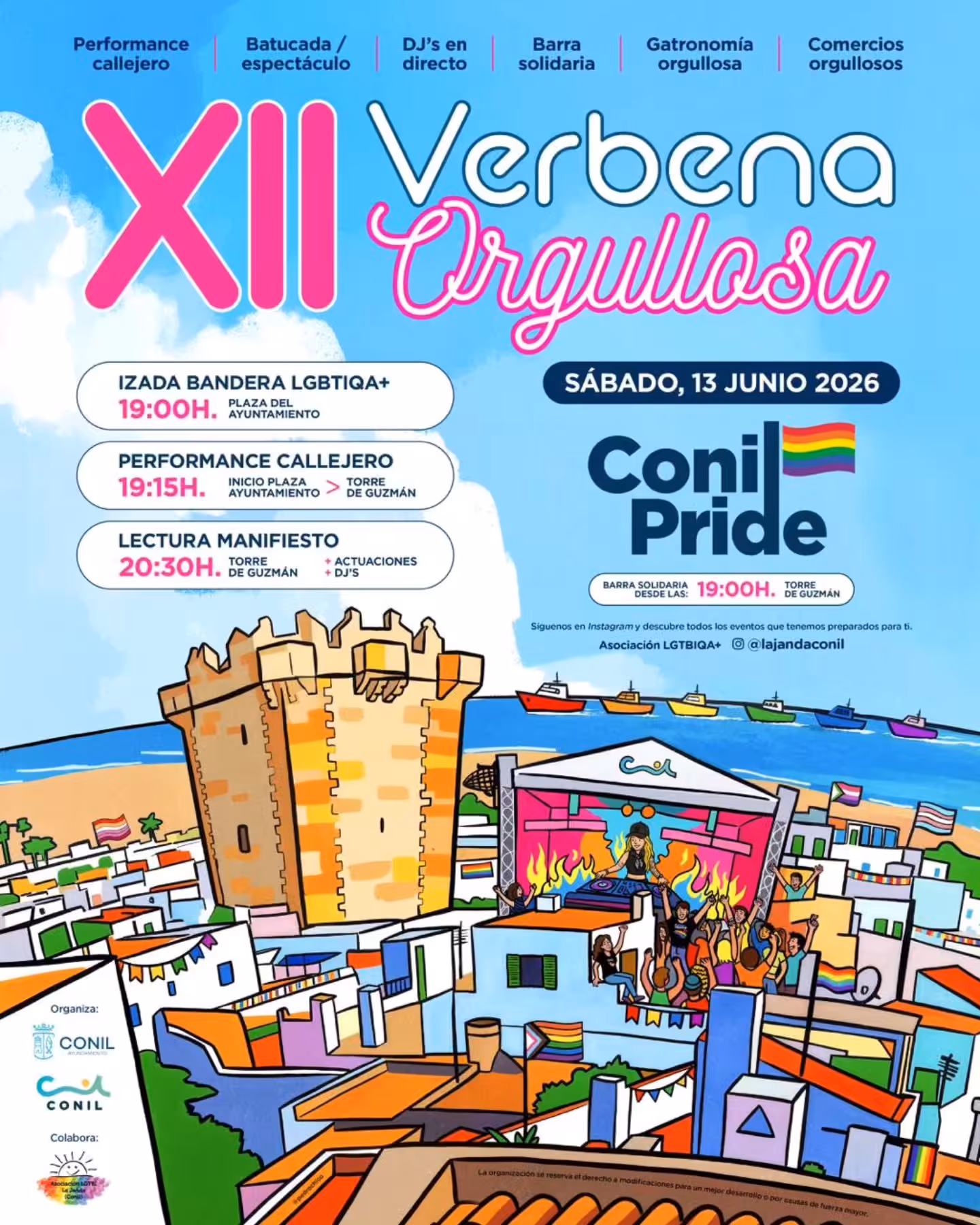 Celebración del Conil Pride 2026 con izada, pasacalles, manifiesto y actividades gastronómicas y comerciales en el centro de Conil.