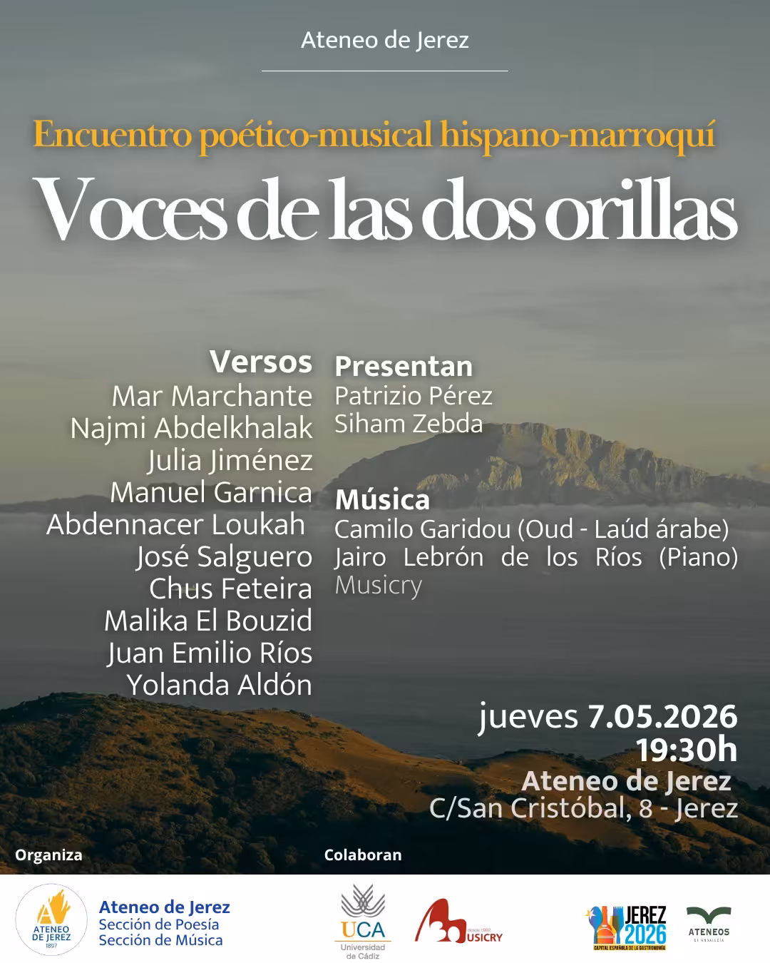 Recital poético en el Ateneo de Jerez el 7 de mayo. Voces de España y Marruecos con música en directo. Entrada libre.