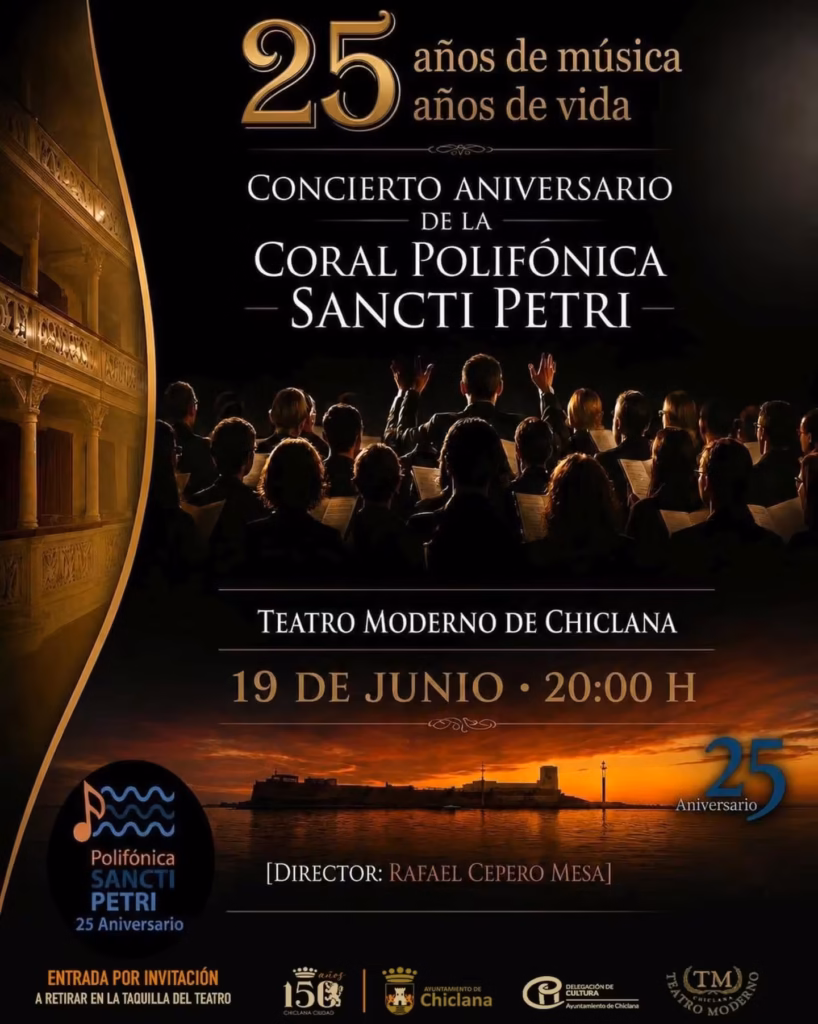 La Coral Polifónica Sancti Petri celebra su 25 aniversario con un concierto especial el 19 de junio en el Teatro Moderno de Chiclana.