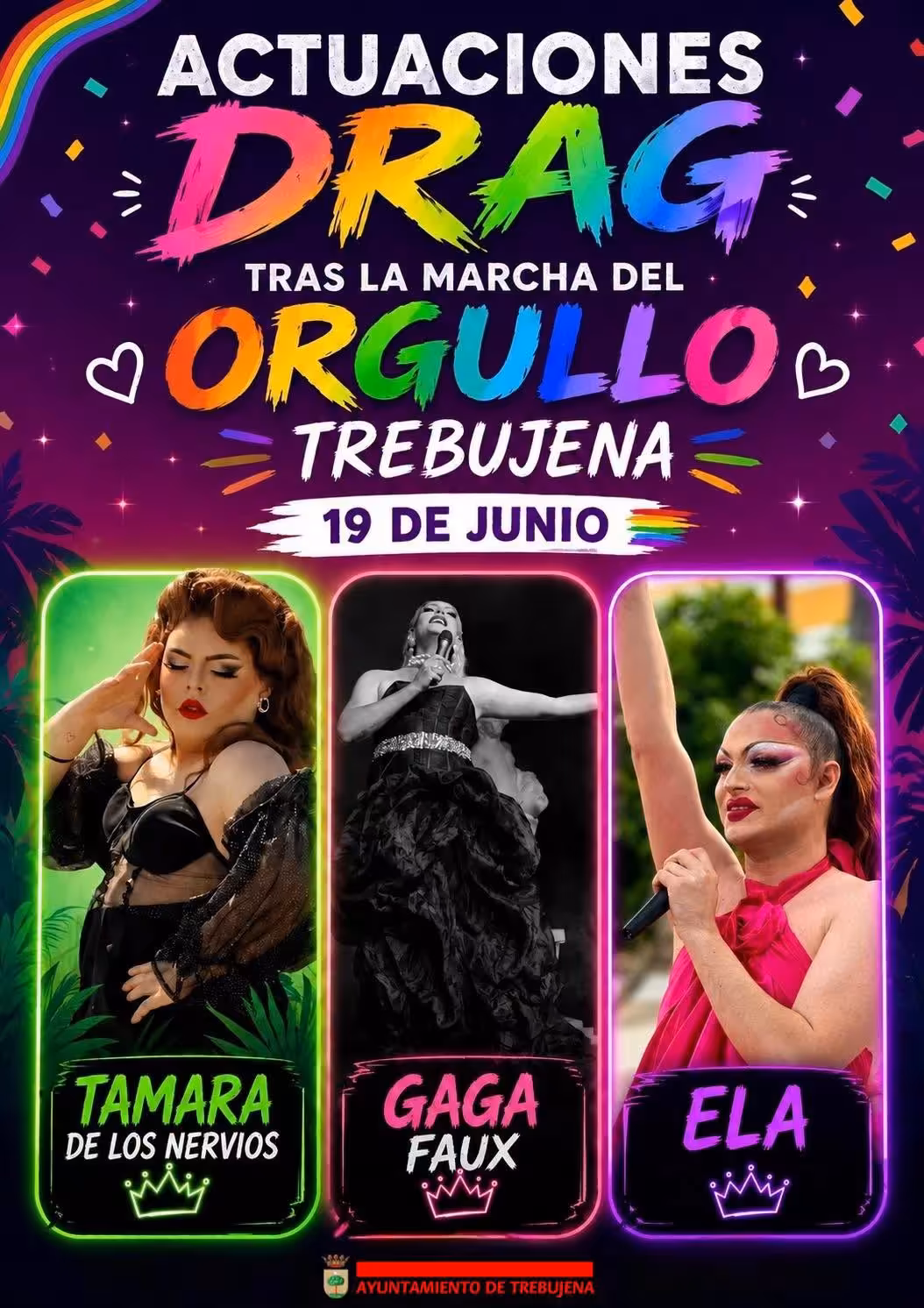 Trebujena celebra el Orgullo 2026 con marcha el 19 de junio desde el Ayuntamiento y actuaciones drag locales en una noche festiva.