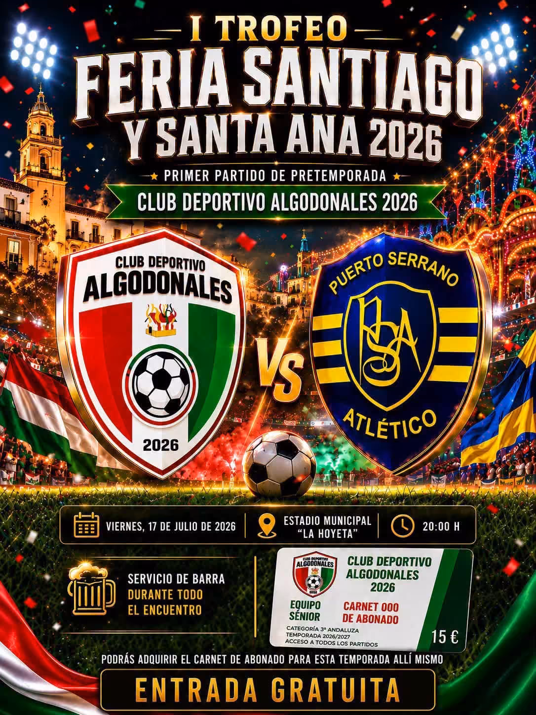 El CD Algodonales 2026 se mide al Puerto Serrano Atlético el 17 de julio en el I Trofeo Senior Feria Santiago y Santa Ana. Entrada gratuita.