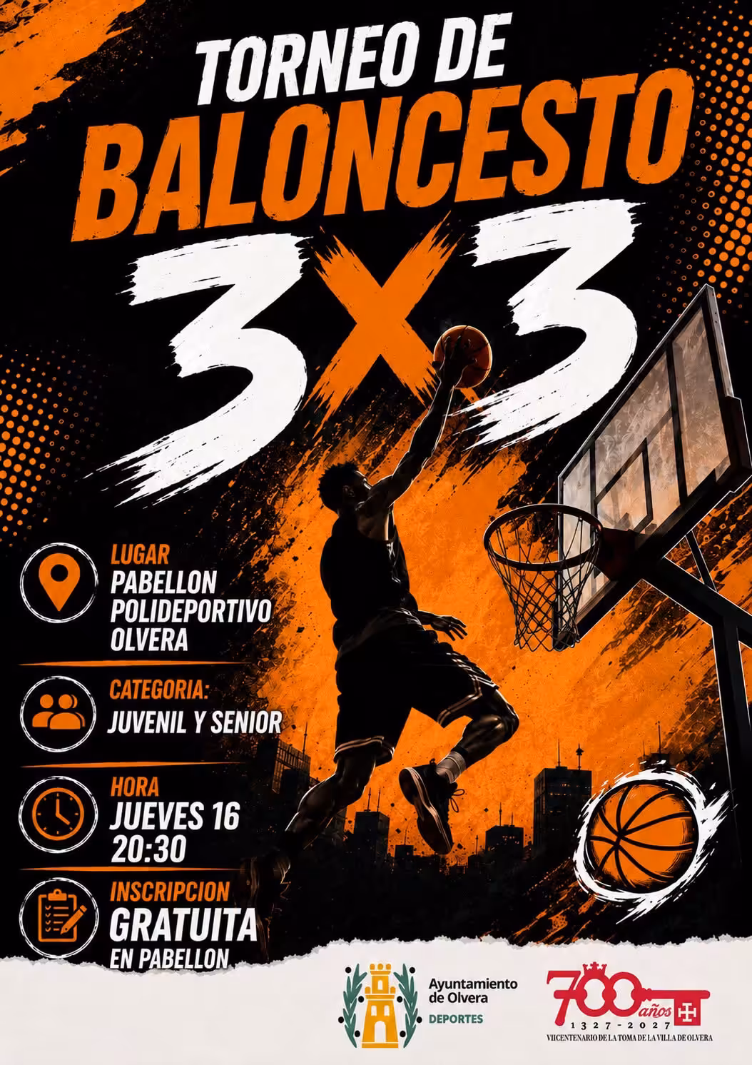 El Torneo de Baloncesto 3x3 de Olvera se celebrará el 16 de julio en el Pabellón Polideportivo. Inscripción gratuita para categorías Juvenil y Senior.