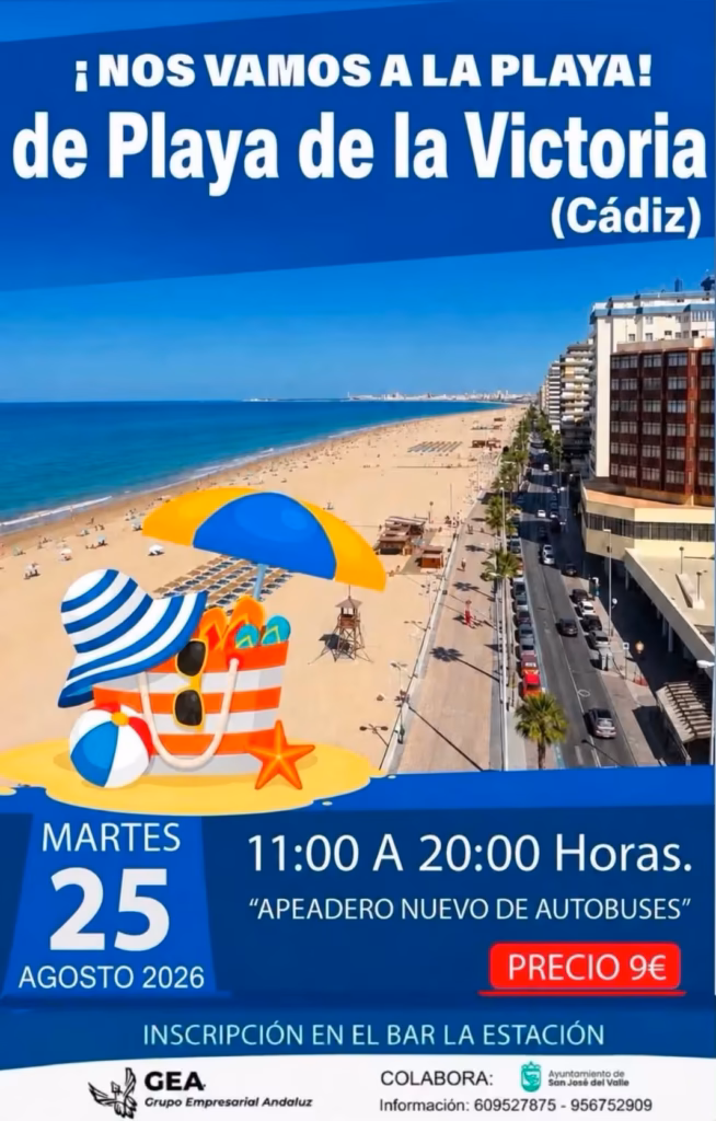 San José del Valle organiza el 25 de agosto una jornada de playa en Cádiz. Salida a las 11:00, regreso a las 20:00 y precio de 9 euros.