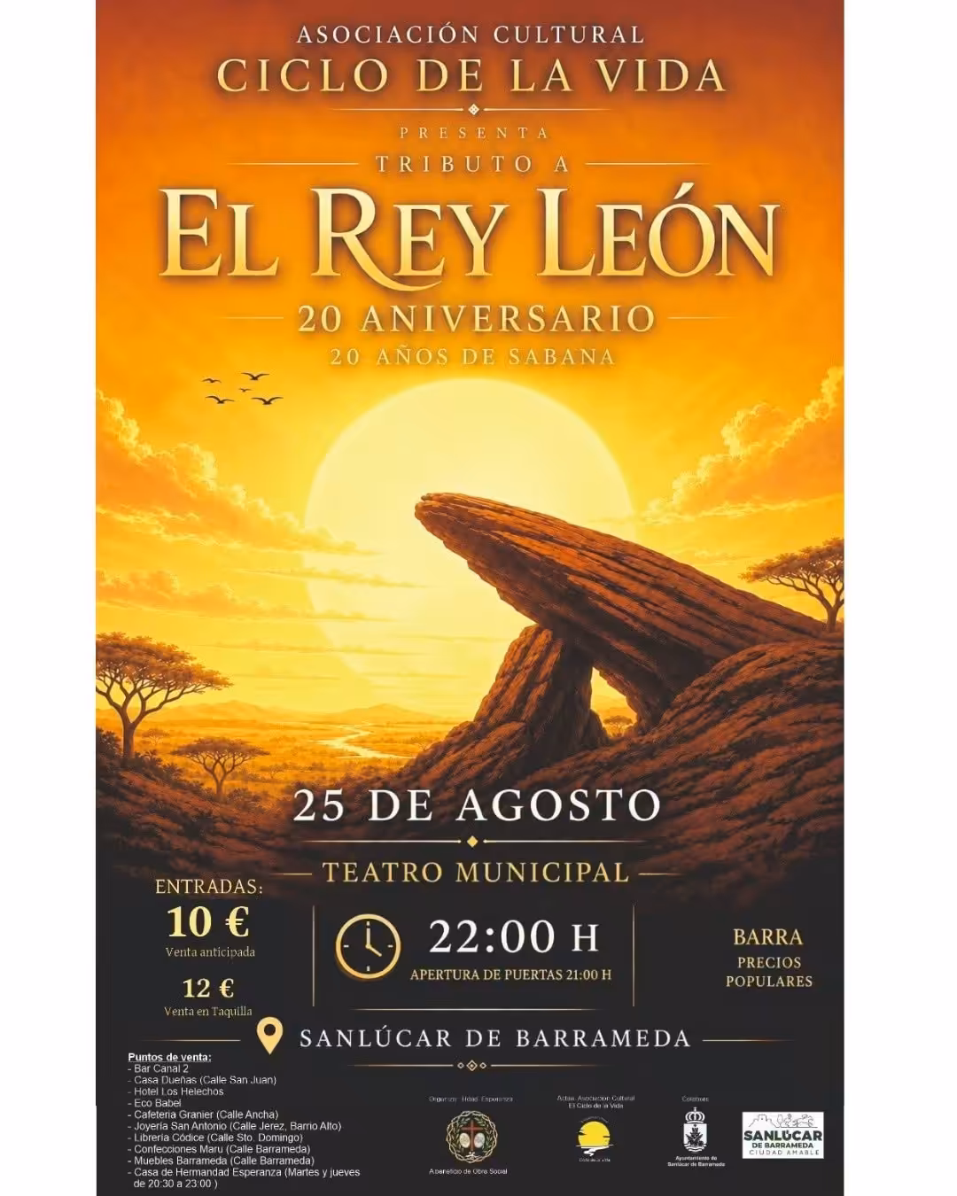 Sanlúcar acoge el 25 de agosto ‘20 años de sabana’, tributo a El Rey León de Ciclo de la Vida con fines solidarios.