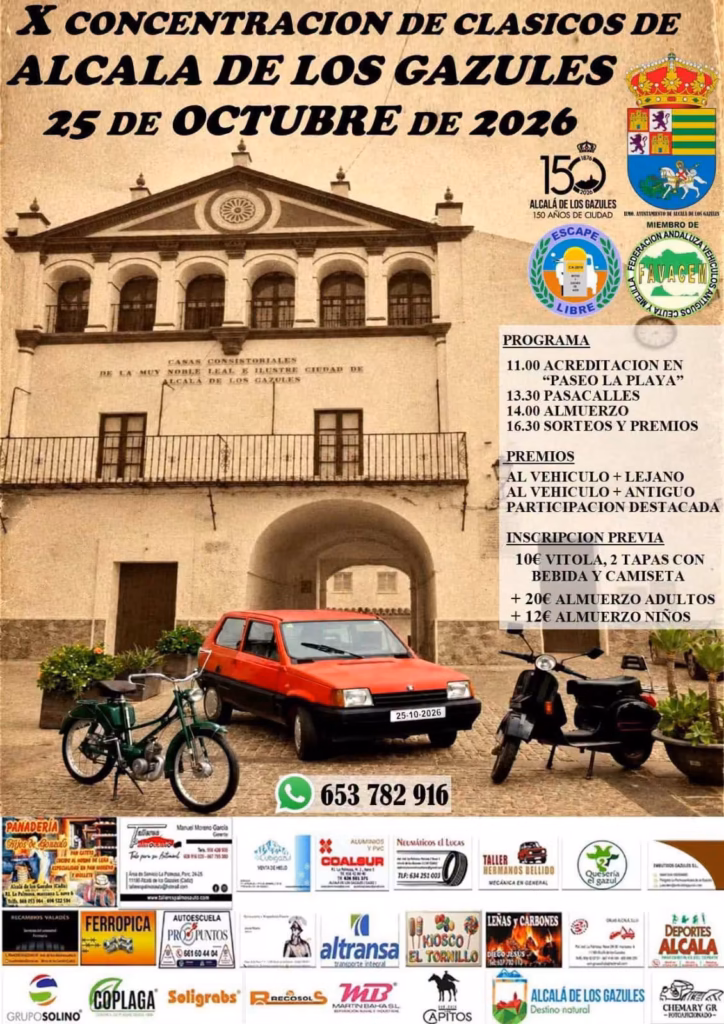 Alcalá de los Gazules celebra el 25 de octubre su X Concentración de Clásicos, con pasacalles, almuerzo, sorteos y premios.