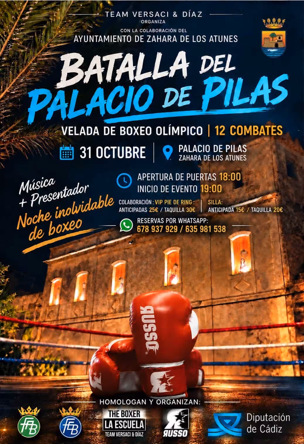 Zahara de los Atunes acoge 12 combates de boxeo olímpico el 31 de octubre. Consulta horarios, entradas y reservas para la Batalla del Palacio de Pilas.