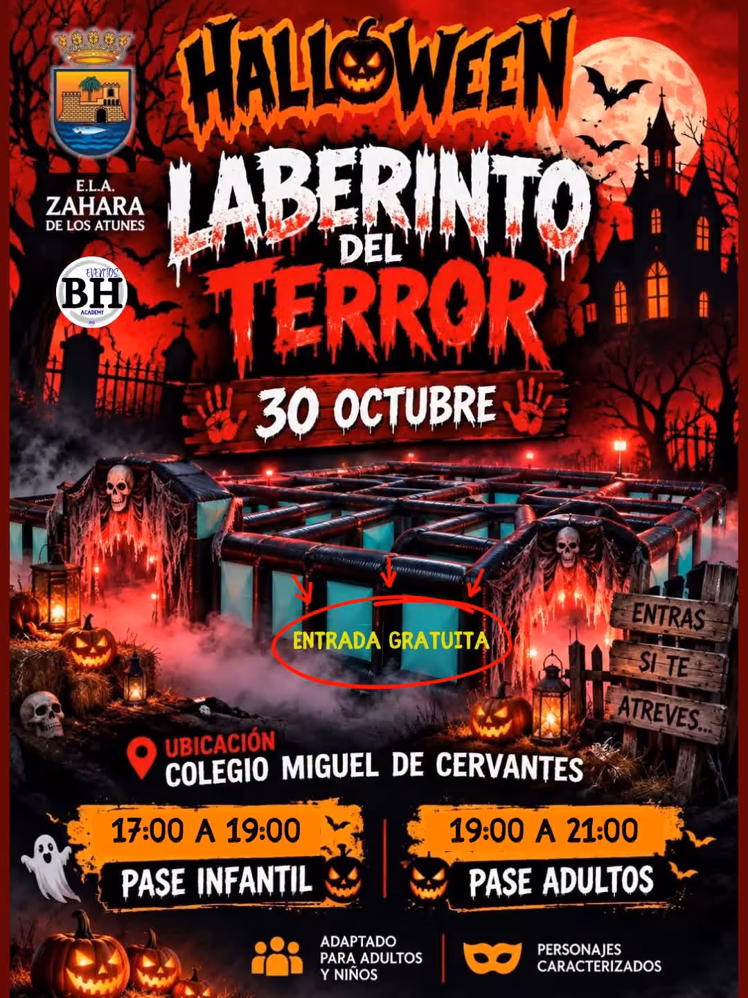Zahara de los Atunes celebra Halloween con un Laberinto del Terror el 30 de octubre, de 17:00 a 21:00, en el CEIP Miguel de Cervantes.