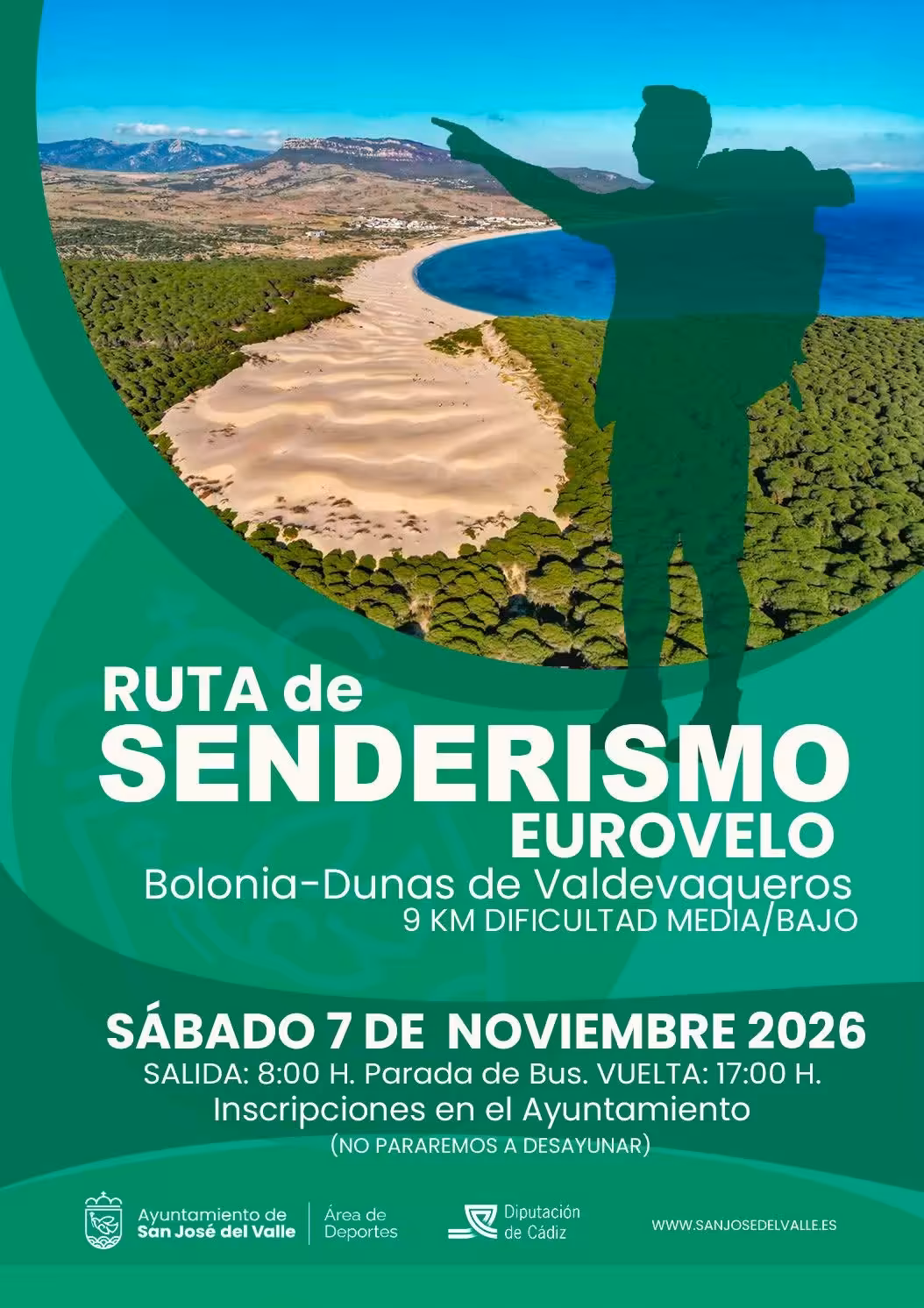 San José del Valle organiza una ruta de senderismo de 9 km entre Bolonia y Valdevaqueros el 7 de noviembre. Salida a las 8:00 h.